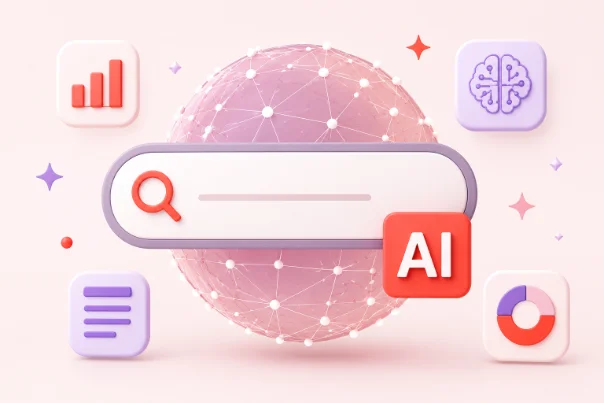 Illustration of a search bar with an AI badge, surrounded by data and network icons.
